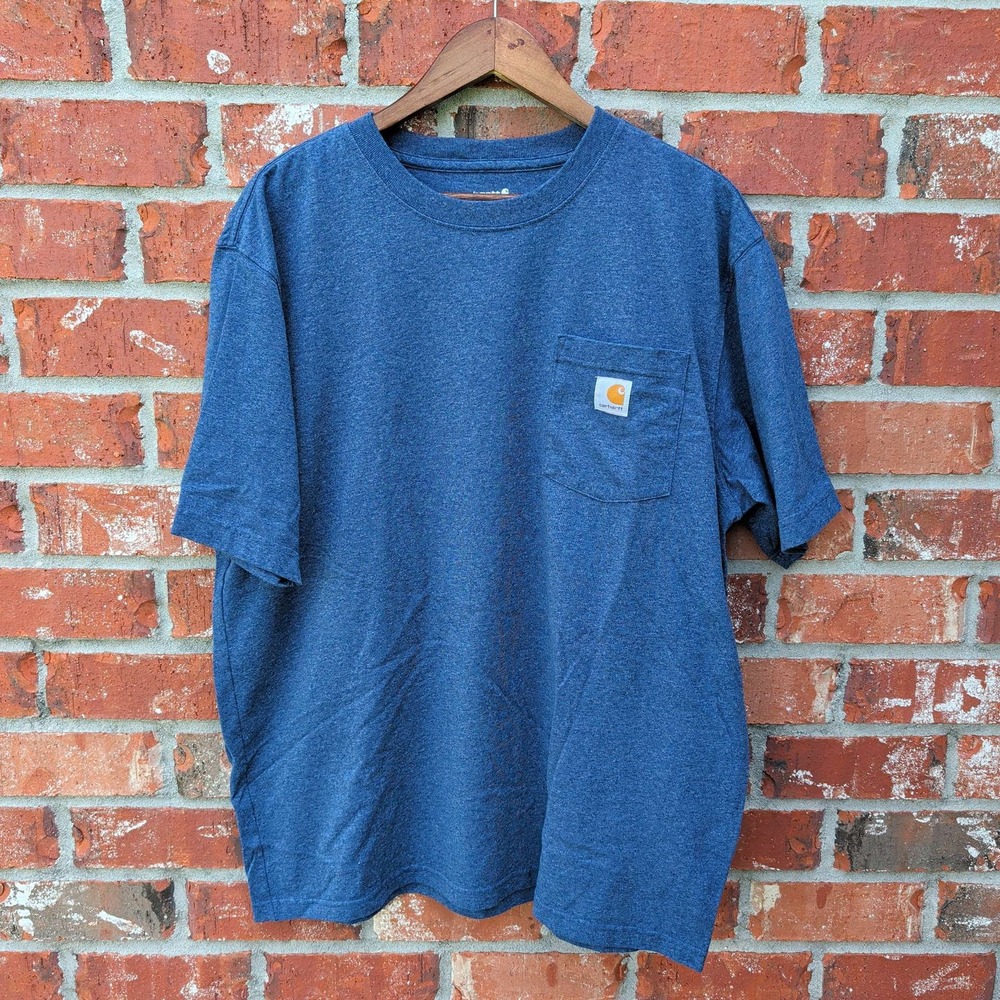Carhartt Pocket T-Shirt Mens Large Blue Loose Fit Short Sleeve Heathered Tee